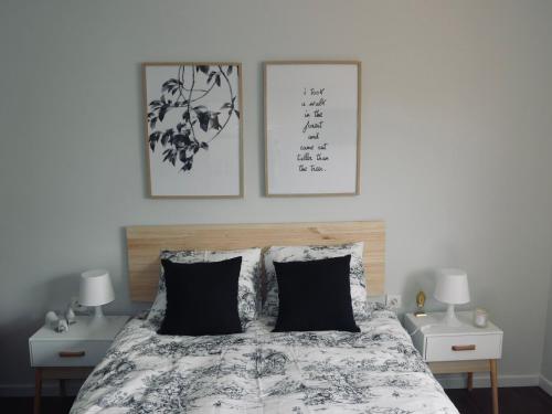 马贝拉Atico Berrocal Marbella的一间卧室配有一张带两盏灯的床,墙上有两张照片