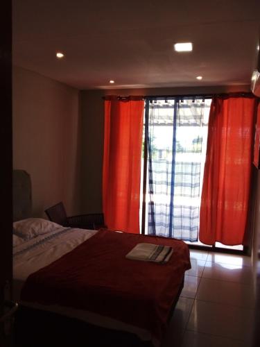 阿蒂加斯N1 1 Apartamento Completo 2 Dormitorios en Centro de Artigas的一间卧室配有床和红色窗帘的窗户