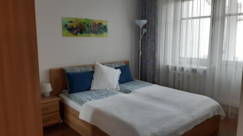 维尔纽斯Santariškės Apartment的一间卧室配有一张带蓝色枕头的床和一扇窗户。