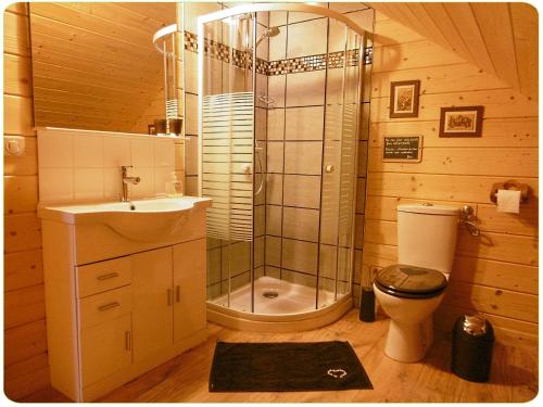 Sainte-Agnès奥科尔贝利多尼弗尔斯普拉普特尔莱斯劳克斯7号木屋旅馆的带淋浴、卫生间和盥洗盆的浴室