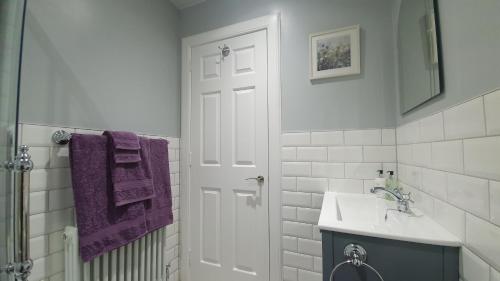 皮特洛赫里Willows Apartment的浴室配有水槽和带紫色毛巾的淋浴