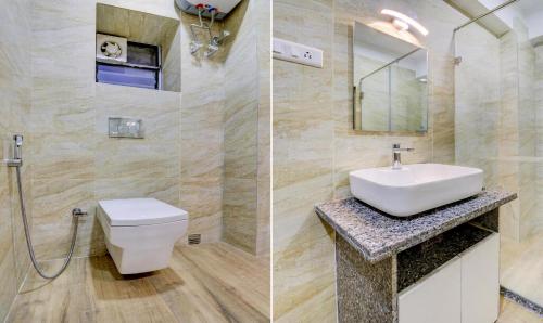 加尔各答Hotel Bandhan Residency的浴室的两张照片,配有卫生间和水槽