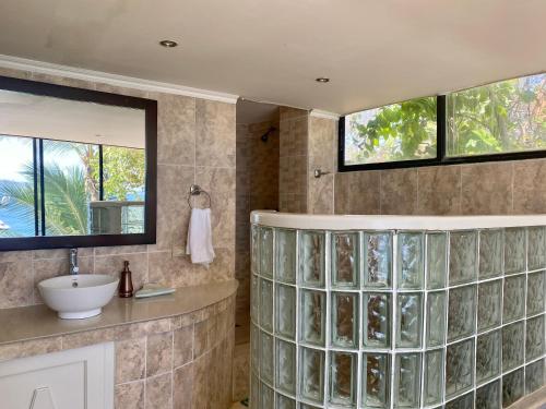 孔塔多拉康迪萨德尔马别墅酒店的一间带水槽和玻璃墙的浴室