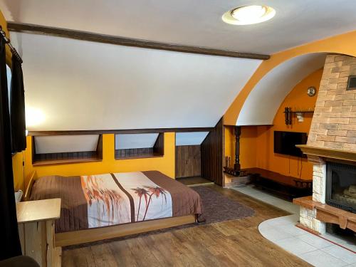 GaujaGrisli house的一间卧室配有一张床和一个壁炉