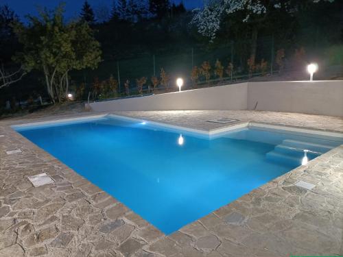 博古梅尔CASA DEL CANTA的夜间游泳池,拥有蓝色照明