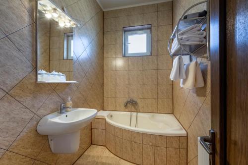 达内什Hotel Denis的浴室配有盥洗盆、卫生间和浴缸。