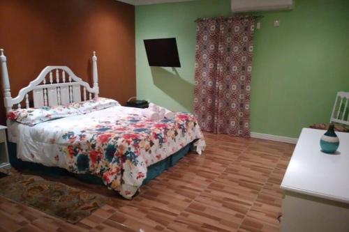 欧丘里欧Ocho Rios Hideaway的一间卧室配有一张床和被子