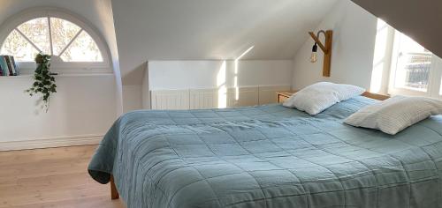 法尔肯贝里Norregård 1846的一间卧室配有蓝色的床和两个枕头