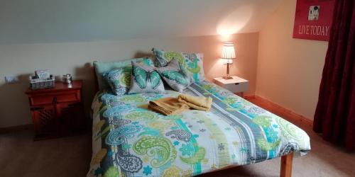 福克斯福德The Loft in Foxford的一间卧室配有一张带五颜六色棉被的床