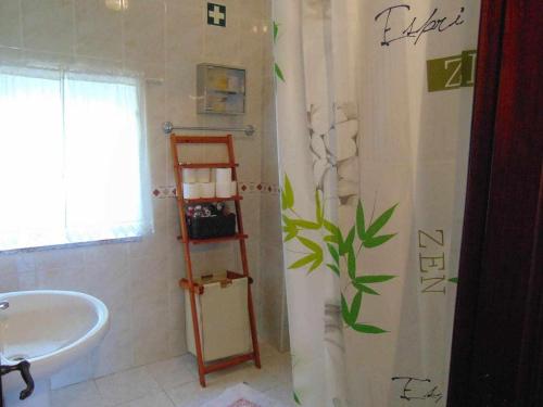 维埃拉·多米尼奥Casa de Granito Charmosa的一间带水槽和淋浴帘的浴室