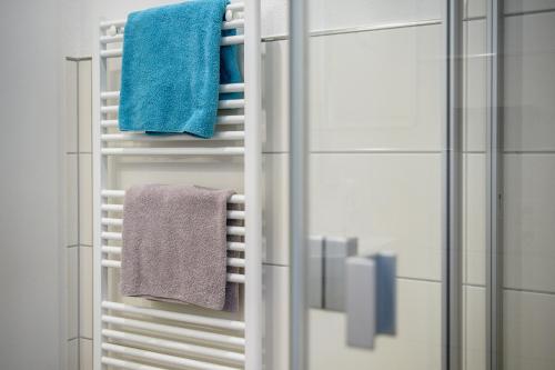 科赫姆Villa Sonnenblick的浴室提供毛巾架上的蓝色毛巾