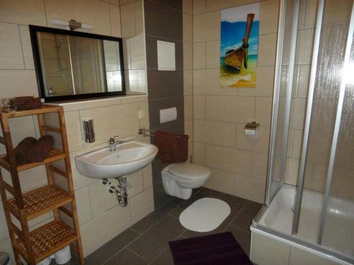 施特拉尔松德桑达帕特公寓的一间带水槽、卫生间和淋浴的浴室