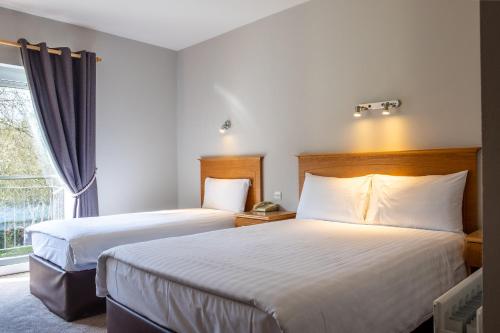 阿克洛The Lodge at Woodenbridge的酒店客房设有两张床和窗户。