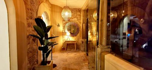 苏安塞斯Hotel El Castillo de Los Locos的走廊上设有镜子和盆栽