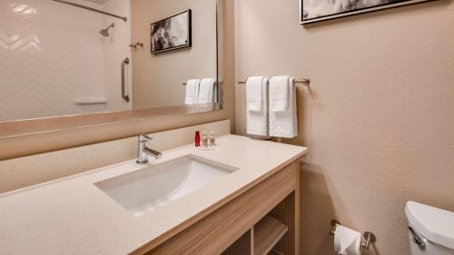 萨凡纳萨凡纳机场普勒套房假日酒店的浴室设有白色水槽和镜子