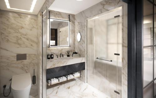 首尔首尔洲际格兰酒店 的带淋浴和盥洗盆的浴室