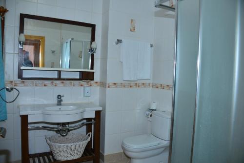 锡德Aquarius Hotel的一间带卫生间、水槽和镜子的浴室