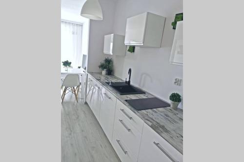 米兹多洛杰Green Apartment Promenada Gwiazd- widok na morze.的白色的厨房配有白色橱柜和水槽