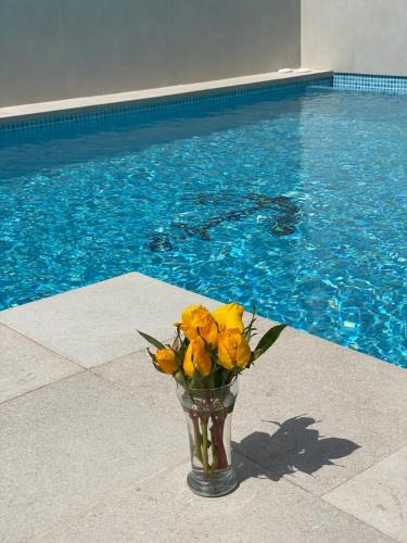 圣何塞波多黎各赫诺韦斯旅馆的游泳池旁的花瓶里满是黄色的花朵