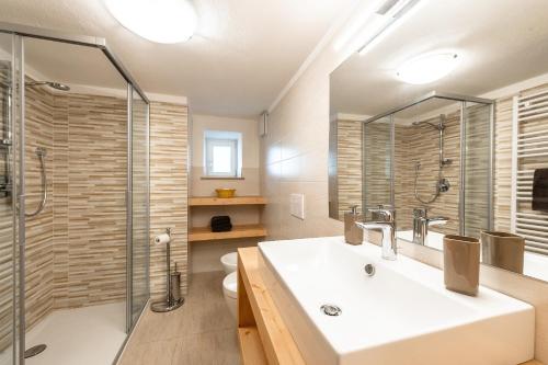 维哥迪法萨Appartamento Ciasa Ciaslir的一间带水槽和淋浴的浴室
