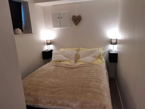 特罗姆瑟Meilbo Tromsø的卧室配有一张床,墙上挂着两盏灯