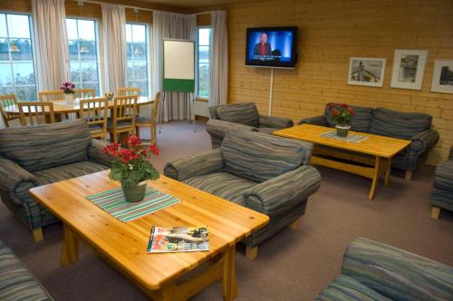 Lekeryd布罗韦尔兰酒店的带沙发和桌子以及电视的等候室