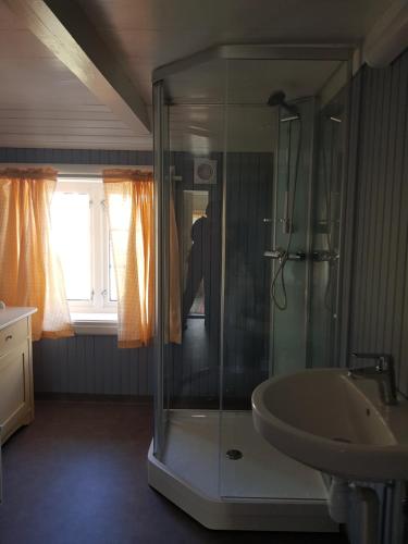 InnfjordenLensmansgarden Marteinsgarden的一间带玻璃淋浴和水槽的浴室