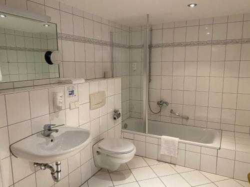 拉姆斯泰因-米森巴赫欧洲酒店的浴室配有盥洗盆、卫生间和浴缸。