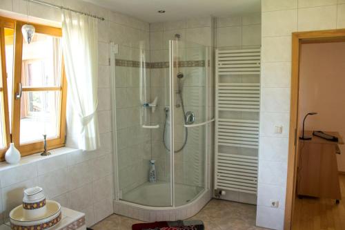 基姆湖畔布赖特布伦Ferienhaus Seiderer的带淋浴的浴室和玻璃门