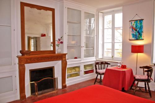 Sainte-VertuL'Ecrin du Serein的一间设有壁炉和一张带红毯的桌子的房间