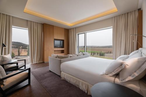 托罗Valbusenda Hotel Bodega & Spa的一间大卧室,配有一张大床和一张沙发