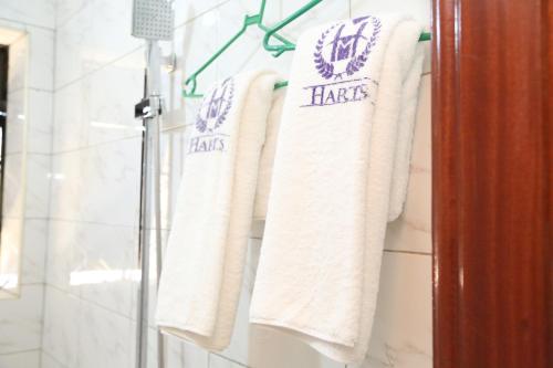 坎帕拉Harts Motel的浴室内架上一组毛巾