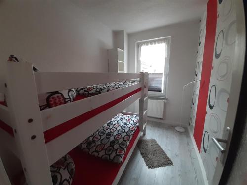 艾森纳赫Ferienwohnung John的小房间设有两张双层床和窗户