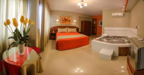 利马HOTEL Javier Prado Inn的酒店客房配有一张床和浴缸。