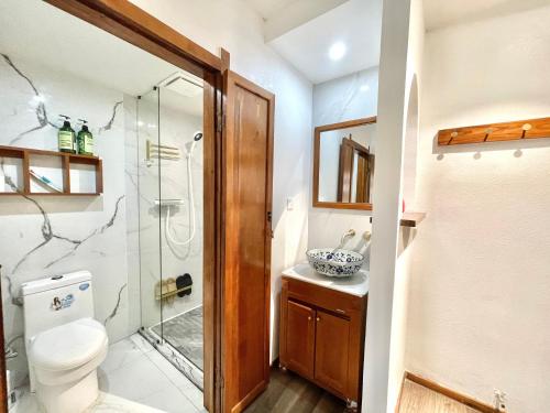 凤凰边城杏子客栈 的一间带卫生间和玻璃淋浴间的浴室