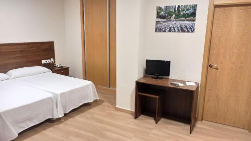 普里埃格·德·科尔多巴哈斯特利亚拉菲旅馆的一间卧室配有一张床和一张书桌及电视