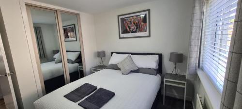 巴洛赫Craiglynn Holiday Apartment Loch Lomond的一间卧室配有一张带两个枕头的床