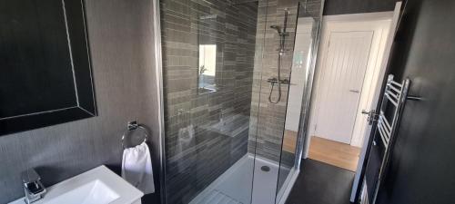 巴洛赫Craiglynn Holiday Apartment Loch Lomond的一间带玻璃淋浴和水槽的浴室