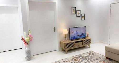 艾卜哈مساكن الدار 1的一间带电视和花瓶的客厅
