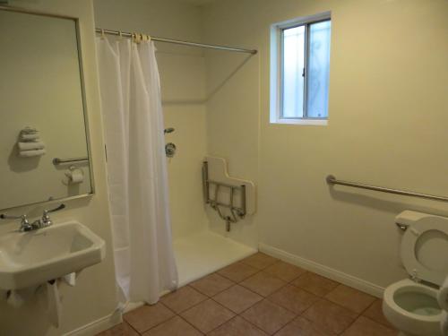 洛杉矶吉特酒店的带淋浴、卫生间和盥洗盆的浴室