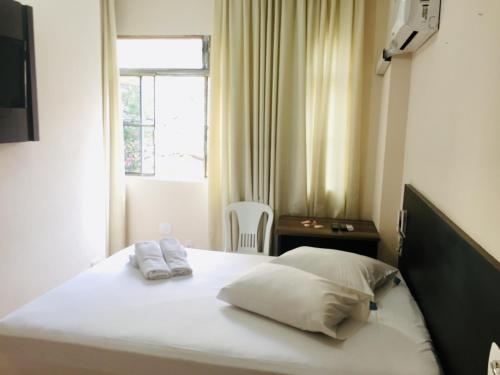 贝洛奥里藏特Hotel GMatos Belo Horizonte - By UP Hotel的一间卧室配有带两个枕头的床和窗户
