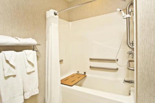 绿湾Holiday Inn & Suites Green Bay Stadium, an IHG Hotel的浴室配有白色浴缸和毛巾。