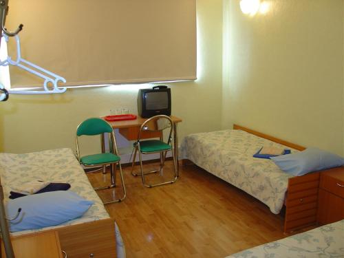 库雷萨雷Kuressaare Airport Guest House的客房设有两张床、一张桌子和一台电视机。