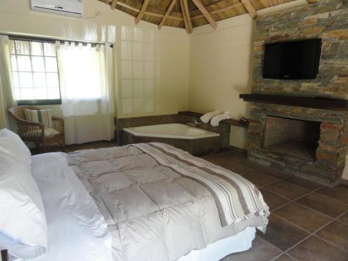 圣达菲Solares de la Laguna的卧室配有一张床、一个壁炉和一个浴缸