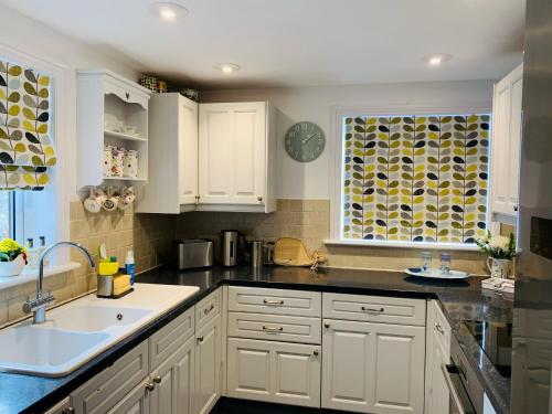 斯沃尼奇Shepherds House的厨房配有白色橱柜、水槽和窗户。