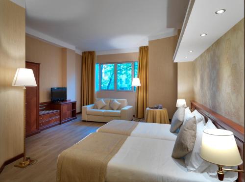 米兰米兰温莎酒店的酒店客房设有一张大床和一张沙发。
