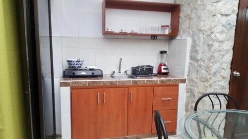 卡利Moderno apartasuite con aire acondicionado的厨房配有水槽和台面