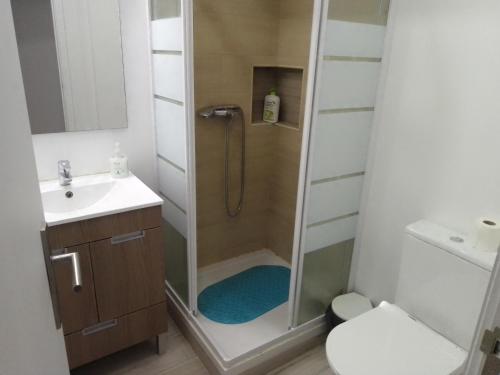 克洛伊奥斯GuestHouse Marialva Park的带淋浴、卫生间和盥洗盆的浴室