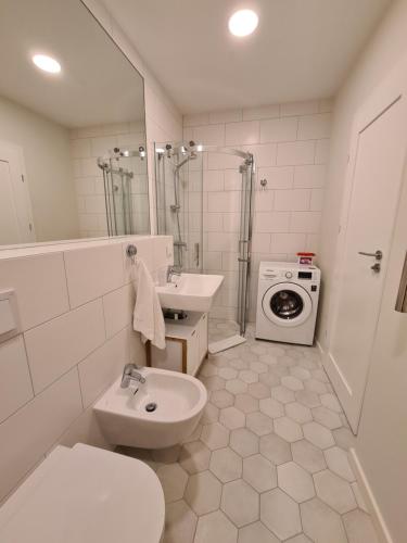 斯文托伊Sea View Apartment Elija的浴室配有卫生间水槽和洗衣机。