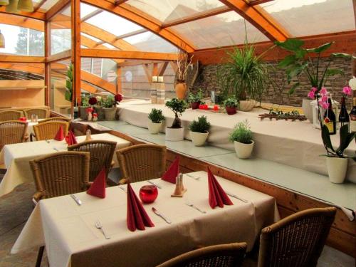 比克堡Jetenburger Hof的餐厅配有桌椅和红色餐巾